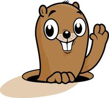 Happy groundhog day. Cartoon groundhog peeking out of a hole in the ground. Cartoon groundhog character. vector