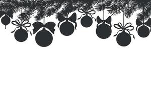 Christmas tree balls with bows on pine branch. graphic frame. Black and white illustration. Winter border of spruce twig. New Year decorating. Holiday template for postcard, window, packaging. vector