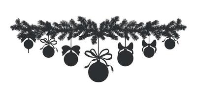 Christmas tree balls with bows on pine branch. graphic frame. Black and white illustration. Winter border of spruce twig. New Year decorating. Holiday template for postcard, window, packaging. vector