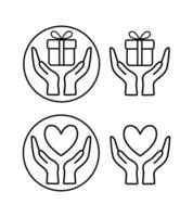 A set of icons, an image of a hand holding a gift and a heart. A set of icons in your hands. Hands holding a gift and a heart-shaped badge. Hands holding a gift and a heart in a flat and linear vector