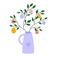 Tree Branches Decorated with Easter Eggs in a Vase. Flat illustration isolated on white background. vector