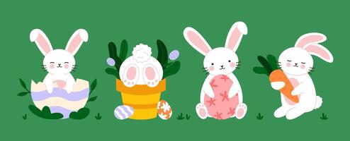 White Easter rabbits with eggs in different poses. Flat illustration isolated on green background. vector