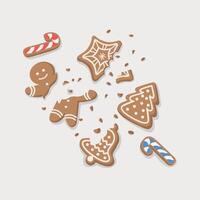 illustration of crumbled and bitten Christmas cookies. A half-bitten, broken cookie in the shape of a man, stars, Christmas trees, bells. illustration vector