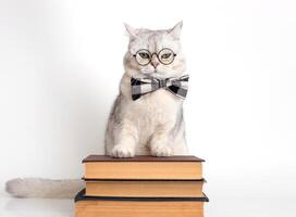 Funny serious white cat in a bow tie and glasses, standing on a stack of books, isolated photo