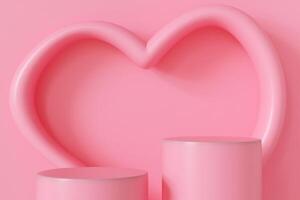 Minimalistic Valentine's Day product display with soft pink background, 3D heart-shaped decor, and two cylindrical podiums for showcasing products. Ideal for advertisements, product promotions. photo
