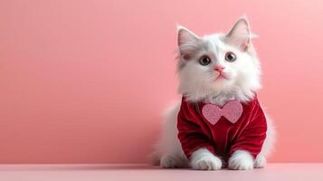 fluffy white cat wearing luxurious red velvet suit with heart. This adorable feline poses against soft pink background, exuding charm and elegance photo