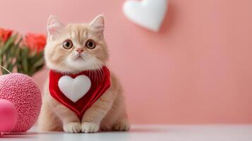 Cute cat wearing red heart shaped scarf, surrounded by pink decor and flowers, evokes warm and loving atmosphere. Perfect for Valentine Day celebrations photo
