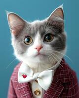 stylish cat wearing red suit and bow tie, showcasing elegance and charm. This adorable feline captures attention with its expressive eyes and fashionable attire photo