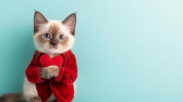 Cute Siamese cat wearing red velvet blazer, holding red heart against mint green background, radiating warmth and affection photo