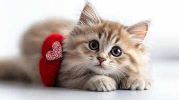 Fluffy Persian cat with red heart accessory, looking adorable and playful. This charming feline captures hearts with its expressive eyes and soft fur photo