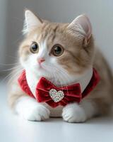 Scottish Fold cat wearing red velvet tuxedo with heart shaped brooch looks adorable and charming. Its big eyes and soft fur add to its delightful appearance photo