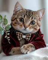 Bengal cat wearing chic red velvet jacket and stylish bow tie poses adorably. Its expressive eyes and elegant outfit create charming and delightful scene photo