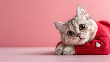 Scottish Fold cat in cozy red sweater rests on pink background, exuding charming and playful vibe. This adorable feline captures hearts with its expressive eyes and soft fur photo