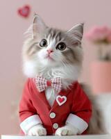 stylish Ragdoll cat in sleek red blazer and heart bow tie exudes charm and elegance. This adorable feline is perfect for any festive occasion photo