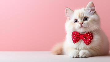 fluffy Persian cat with blue eyes wearing red bow tie on pink background, exuding charm and playfulness photo