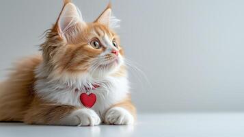 fluffy Maine cat with orange and white fur gazes thoughtfully, wearing red heart shaped collar. Its expressive eyes and soft fur create charming scene photo