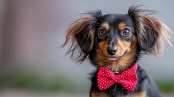 Dachshund wearing red polka dot bow tie, showcasing charming expression. This stylish dog captures attention with its playful demeanor and adorable features photo