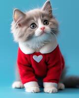fluffy Russian Blue cat wearing fitted red suit with heart design looks adorable against bright blue background. Its curious expression adds charm to scene photo