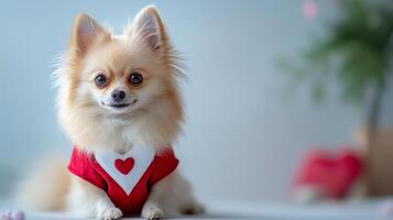 Pomeranian in classic red outfit with heart design, showcasing charming expression. This adorable dog captures attention with its fluffy fur and playful demeanor photo