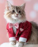 stylish Ragdoll cat in red blazer with heart bow tie, exuding charm and elegance. This adorable feline is perfect for any fashionable occasion photo