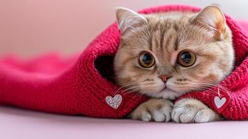 Scottish Fold cat with large eyes is snuggled in cozy red blanket, exuding warmth and charm. This adorable feline is perfect for cat lovers photo