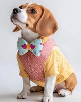beagle wearing playful outfit with colorful bow tie, exuding charm and joy. This adorable dog showcases unique style that brings smiles to everyone photo