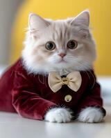 Luxurious Persian cat in red velvet suit with bow tie, exuding elegance and charm. This adorable feline captures attention with its expressive eyes and stylish outfit photo