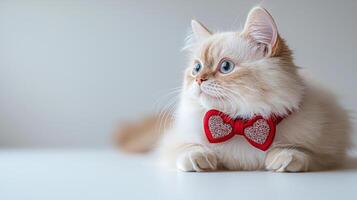 Fluffy cat with blue eyes wearing red bow tie, looking adorable and charming. This Persian cat exudes playful and loving vibe, perfect for any pet lover photo