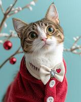 stylish cat wearing red jacket with bow tie, surrounded by festive decorations. cat expressive eyes and holiday theme create charming atmosphere photo
