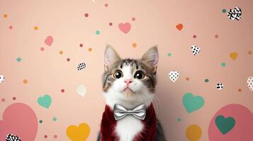 Maine cat in red velvet tuxedo with silver bow tie poses against colorful heart patterned background, exuding charm and elegance photo