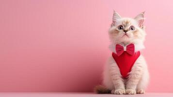Fluffy Persian cat wearing red tuxedo bow tie against pink background, exuding charm and elegance photo