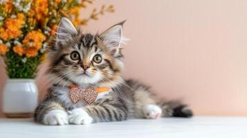 Maine cat with heart shaped collar poses gracefully against soft background, showcasing its playful and charming personality photo