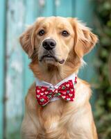 golden retriever wearing festive red bow tie with hearts, exuding charm and elegance. This adorable dog is perfect for holiday celebrations photo