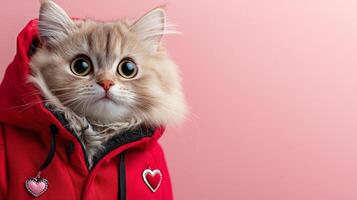 Fluffy cat wearing stylish red jacket with heart details, looking adorable. This charming feline captures attention with its big eyes and playful expression photo