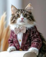 Elegant cat in stylish blazer with bow tie, showcasing charm and sophistication. This adorable feline captures attention with its expressive eyes and fashionable attire photo