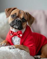 stylish dog in bold red suit and satin heart bowtie, exuding charm and elegance. This adorable pet captures hearts with its playful expression and fashionable attire photo