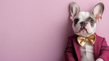 French bulldog in stylish red tuxedo with gold bow tie poses elegantly against pink background, exuding charm and sophistication photo