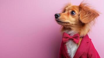 stylish dog in red suit and bow tie poses against pink background, exuding charm and elegance photo