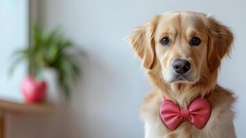 Golden retriever wearing red bow tie, showcasing charming expression. This adorable dog is perfect for Valentine Day or any special occasion photo