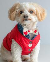 Charming poodle wearing chic red jacket and heart patterned bow tie, exuding playful and stylish vibe. Perfect for pet lovers and fashion enthusiasts photo