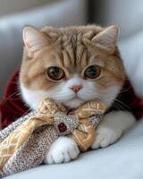 charming cat in red velvet outfit, adorned with decorative bow and heart brooch, exudes elegance and playfulness. This delightful feline captures attention with its expressive eyes and stylish photo