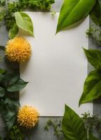 blank paper with green leaves and flowers on a gray background photo