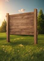 wooden sign on grass field with sun rising photo