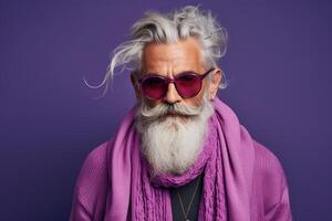 60 year old fashionable hipster man portrait on bright purple background photo