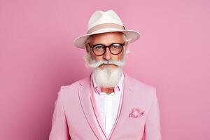 60 year old fashionable hipster man portrait on bright pink background photo