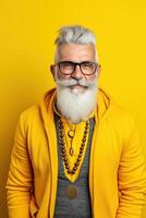 60 year old fashionable hipster man portrait on bright yellow background photo