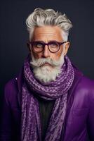 60 year old fashionable hipster man portrait on bright purple background photo