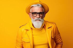 60 year old fashionable hipster man portrait on bright yellow background photo