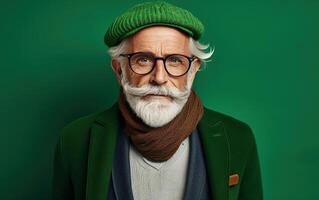 60 year old fashionable hipster man portrait on bright green background photo