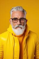 60 year old fashionable hipster man portrait on bright yellow background photo